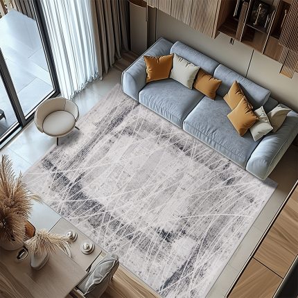 Modern abstract cream and oxford rug in stylish living room