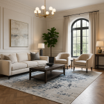 Modern distressed blue and gray rug in elegant living room setting