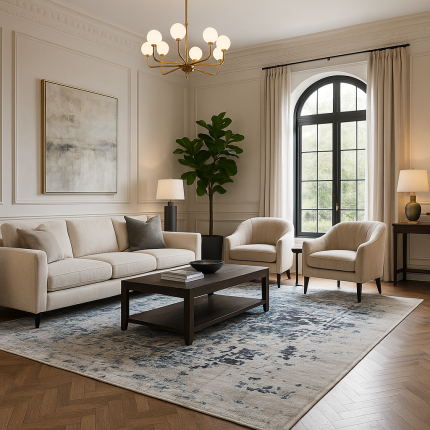 Modern distressed blue and gray rug in elegant living room setting