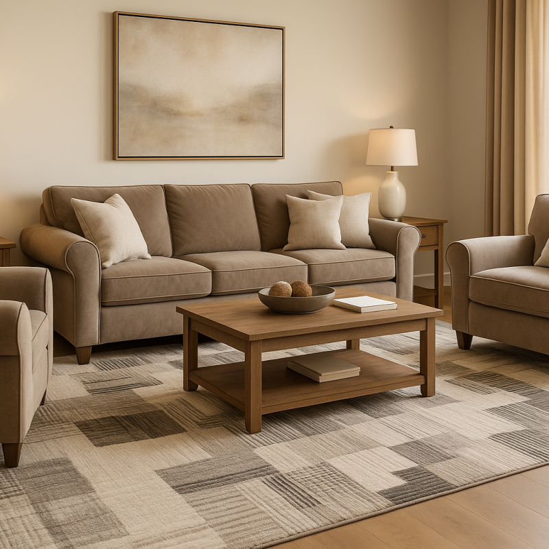 a living room with a couch and a coffee table