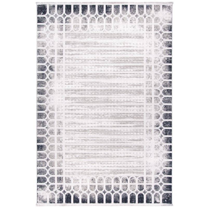 Boutique-02 cream and navy rug with arched geometric pattern and soft texture