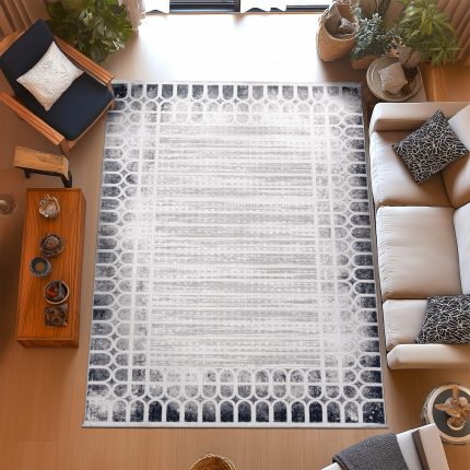 Boutique-02 cream and navy rug with arched geometric pattern and soft texture