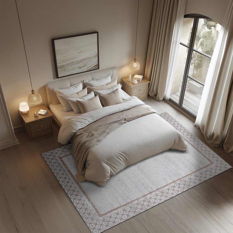 Brooke-04 area rug in cozy neutral bedroom with wood floors and soft lighting