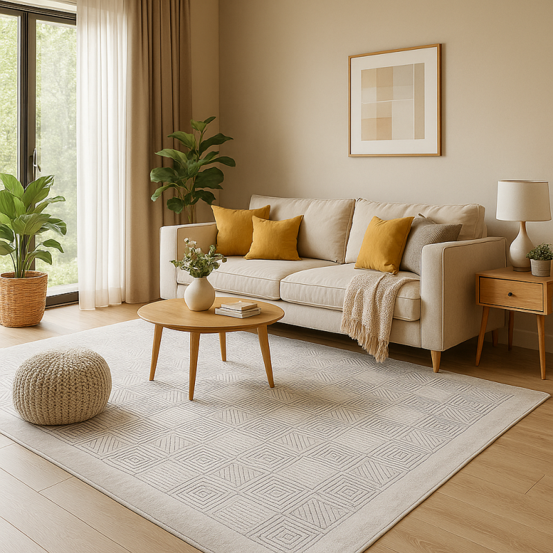 Full top-down view of Boutique-03 cream area rug with symmetrical modern pattern