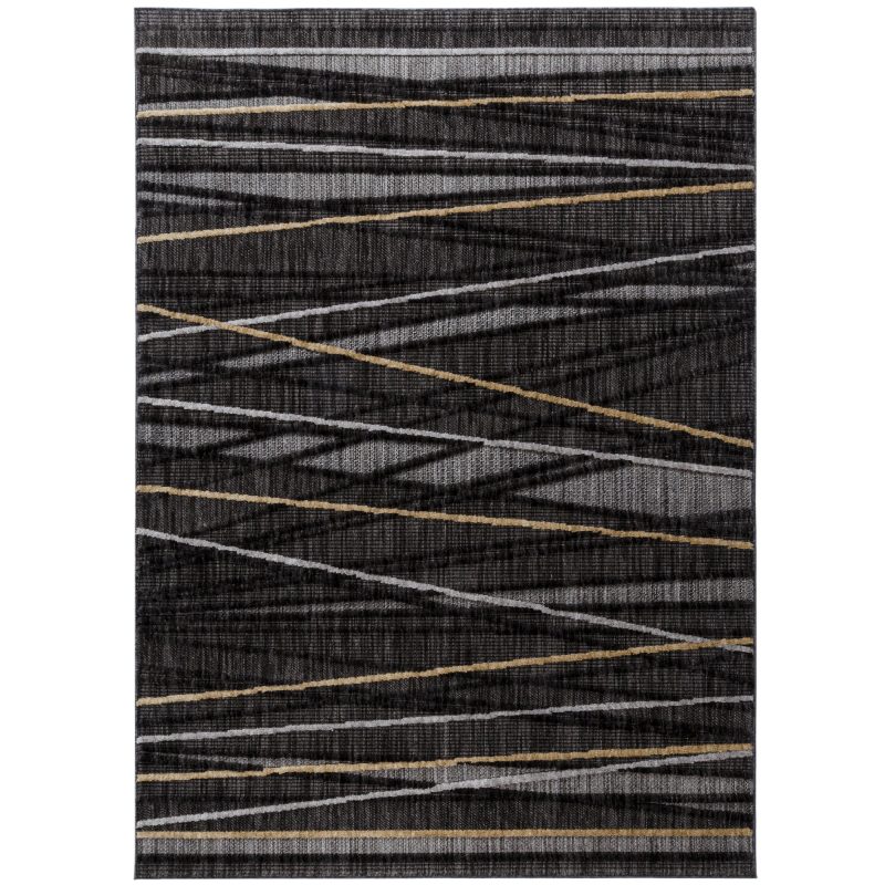 a black and white rug with gold lines