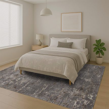 a bed with a plant on the floor