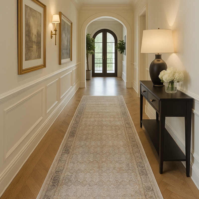 a hallway with a rug and a table