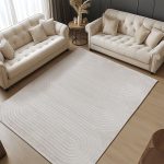 a room with a white rug and couches
